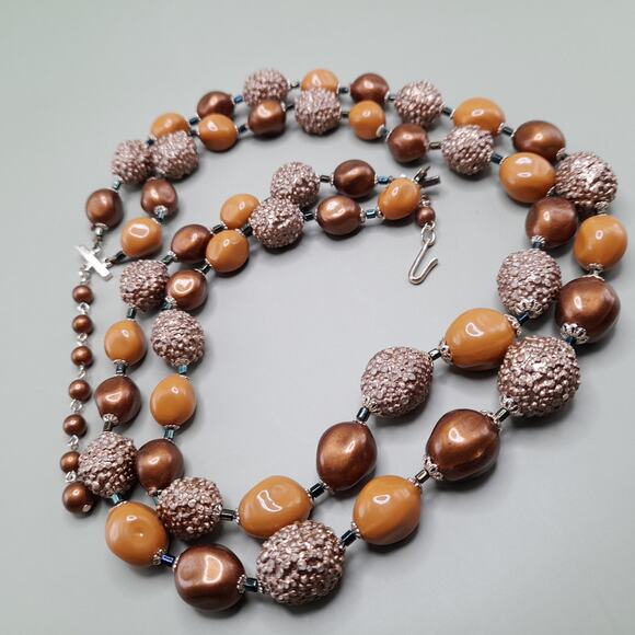 Vintage Japan Taupe Art Bead Necklace, Two Strands, 1950s, 23 Inches - Picture 11 of 14